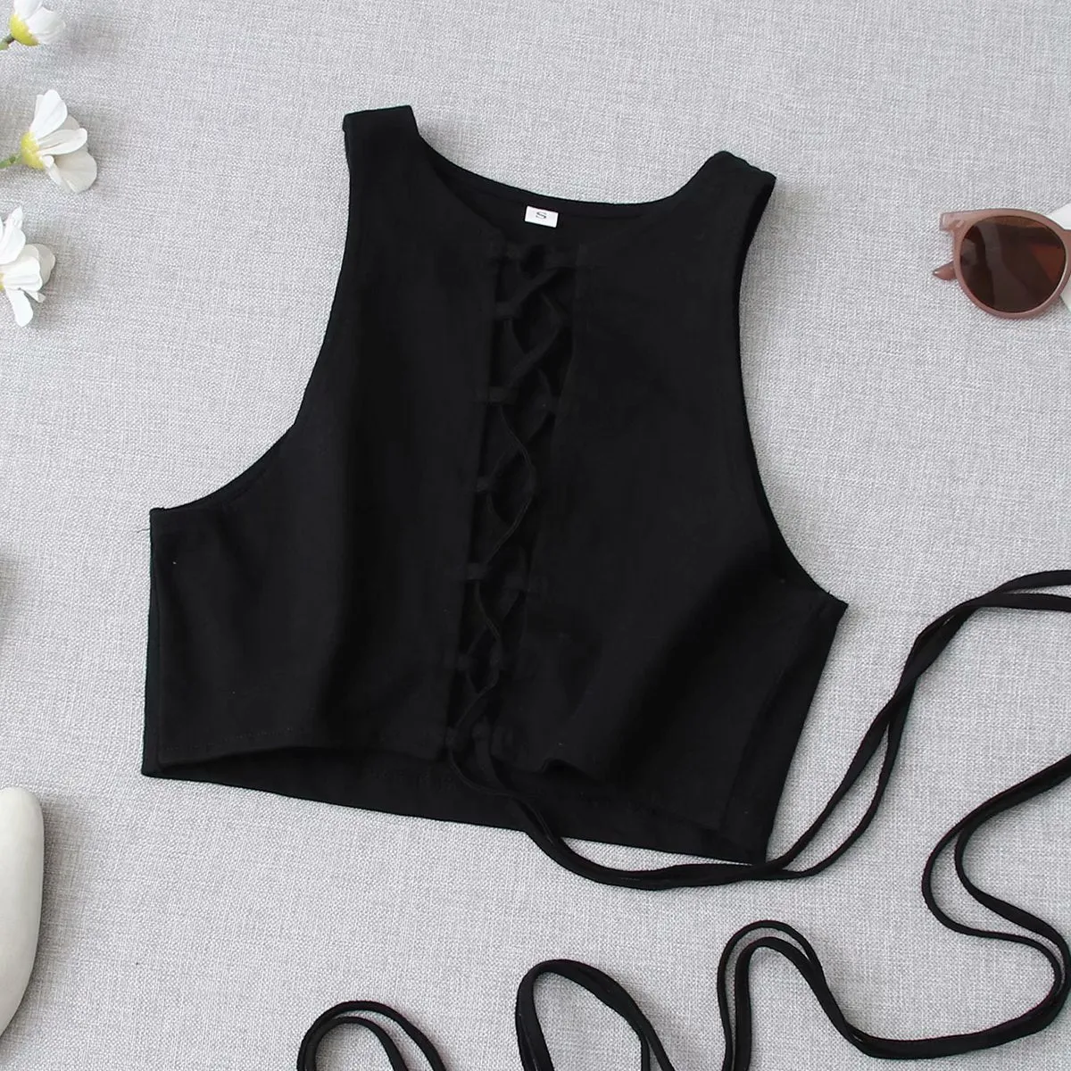 Lace-up Women Solid Tank Top