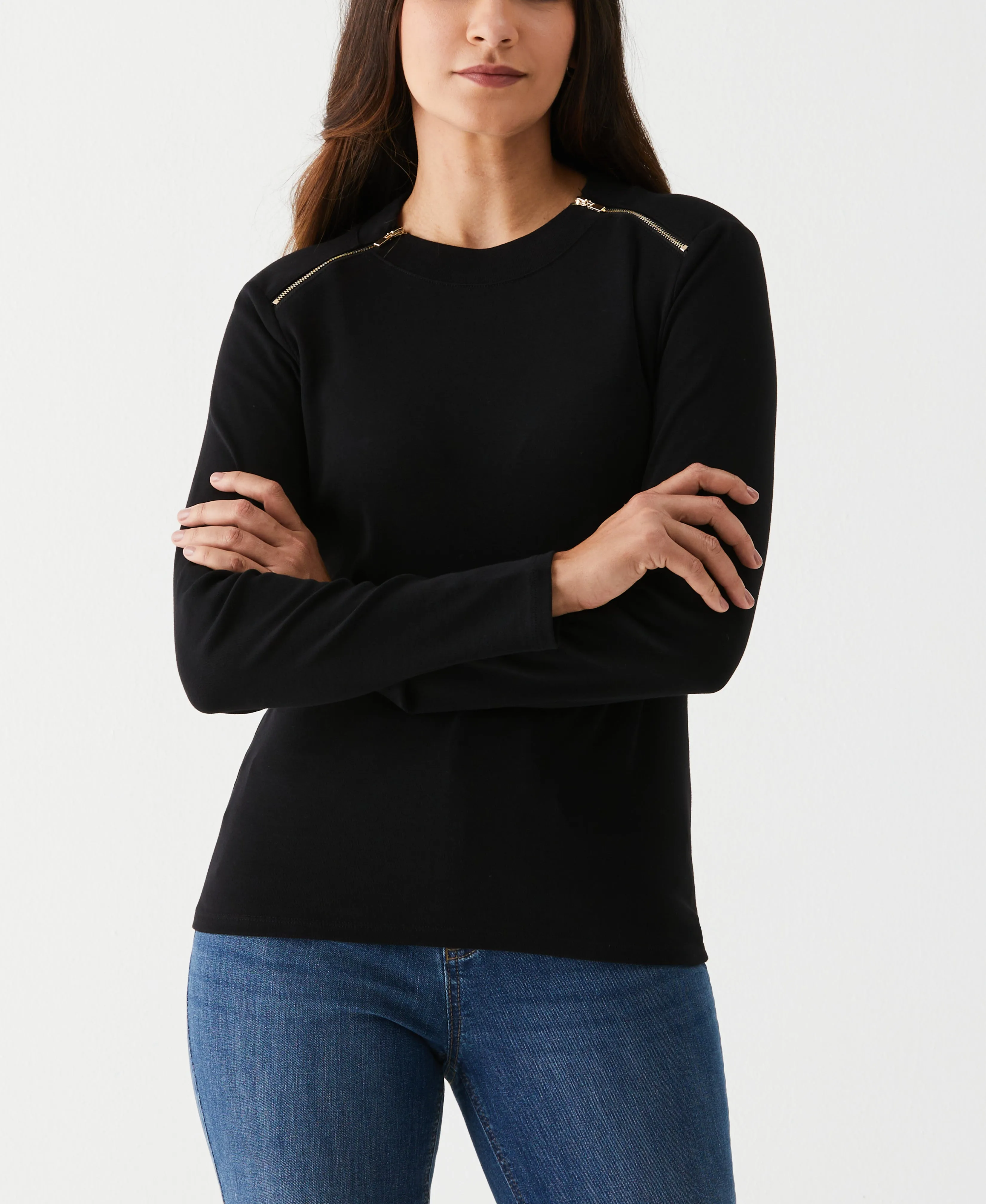 Petite Long Sleeve Tee with Zipper Detail