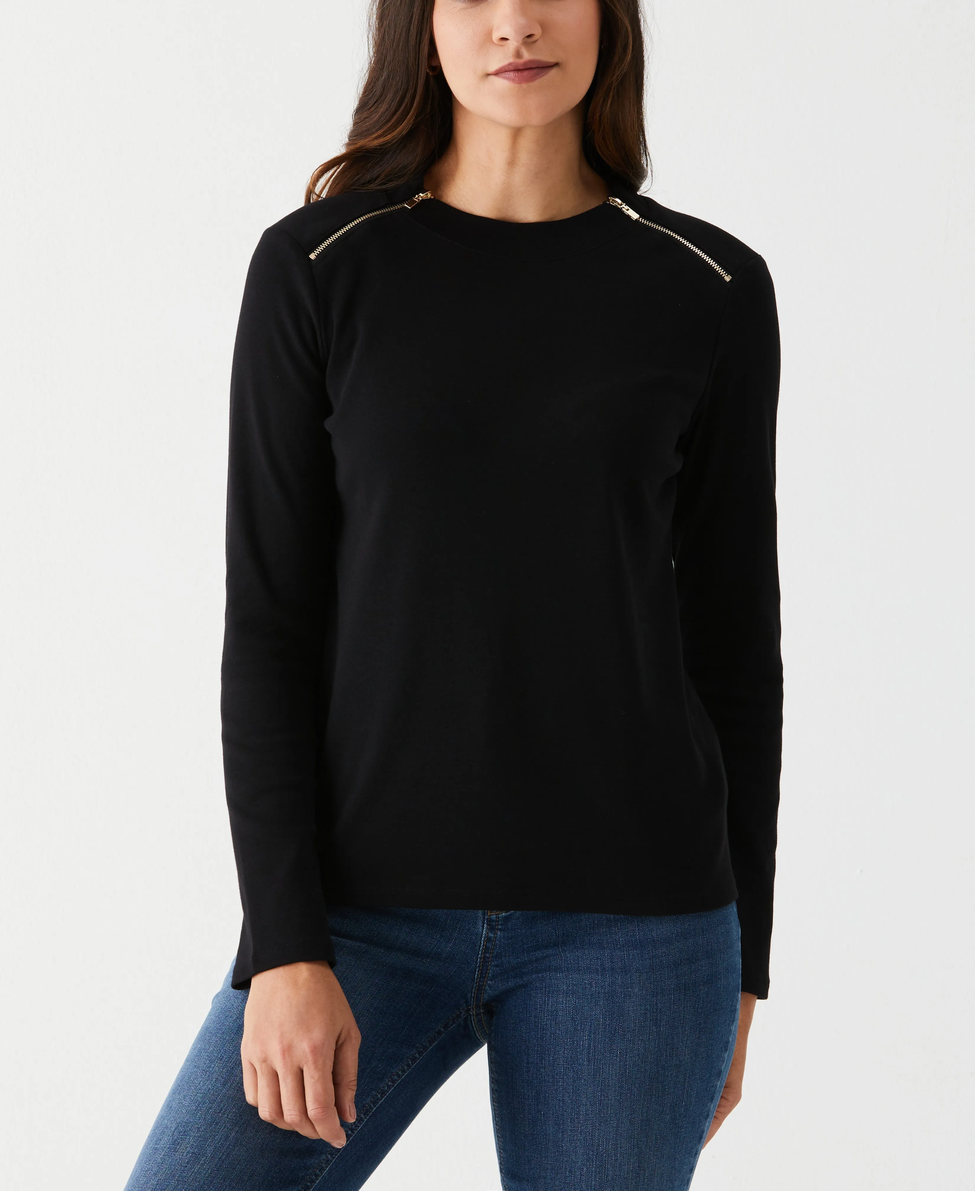 Petite Long Sleeve Tee with Zipper Detail