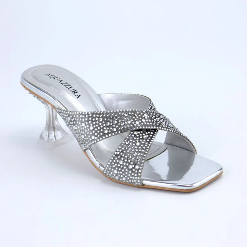 Shiny Crystal Embellished Cross Strap Clear Heel Sandals