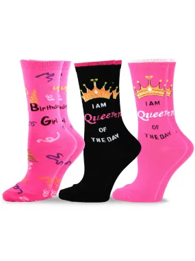 TeeHee Socks Women's Birthday Cotton Crew Queen of the Day 3-Pack (10929)