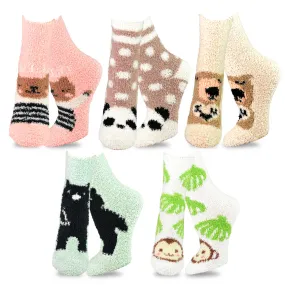 TeeHee Socks Women's Fuzzy Polyester Crew Animal 5-Pack (12014)