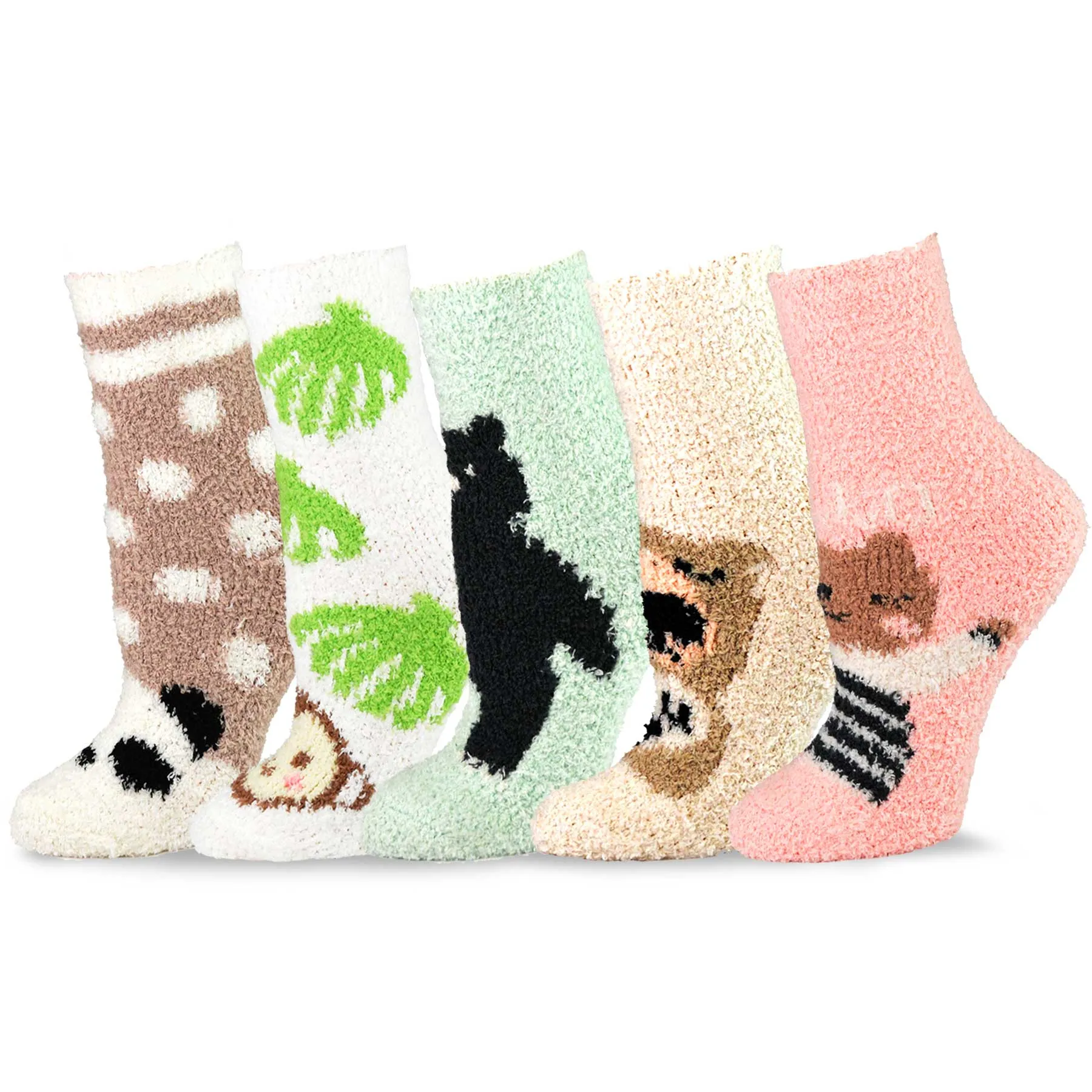 TeeHee Socks Women's Fuzzy Polyester Crew Animal 5-Pack (12014)