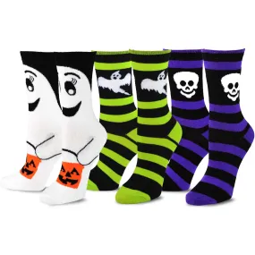 TeeHee Socks Women's Halloween Polyester Crew Ghost, Skeleton 3-Pack (10926)