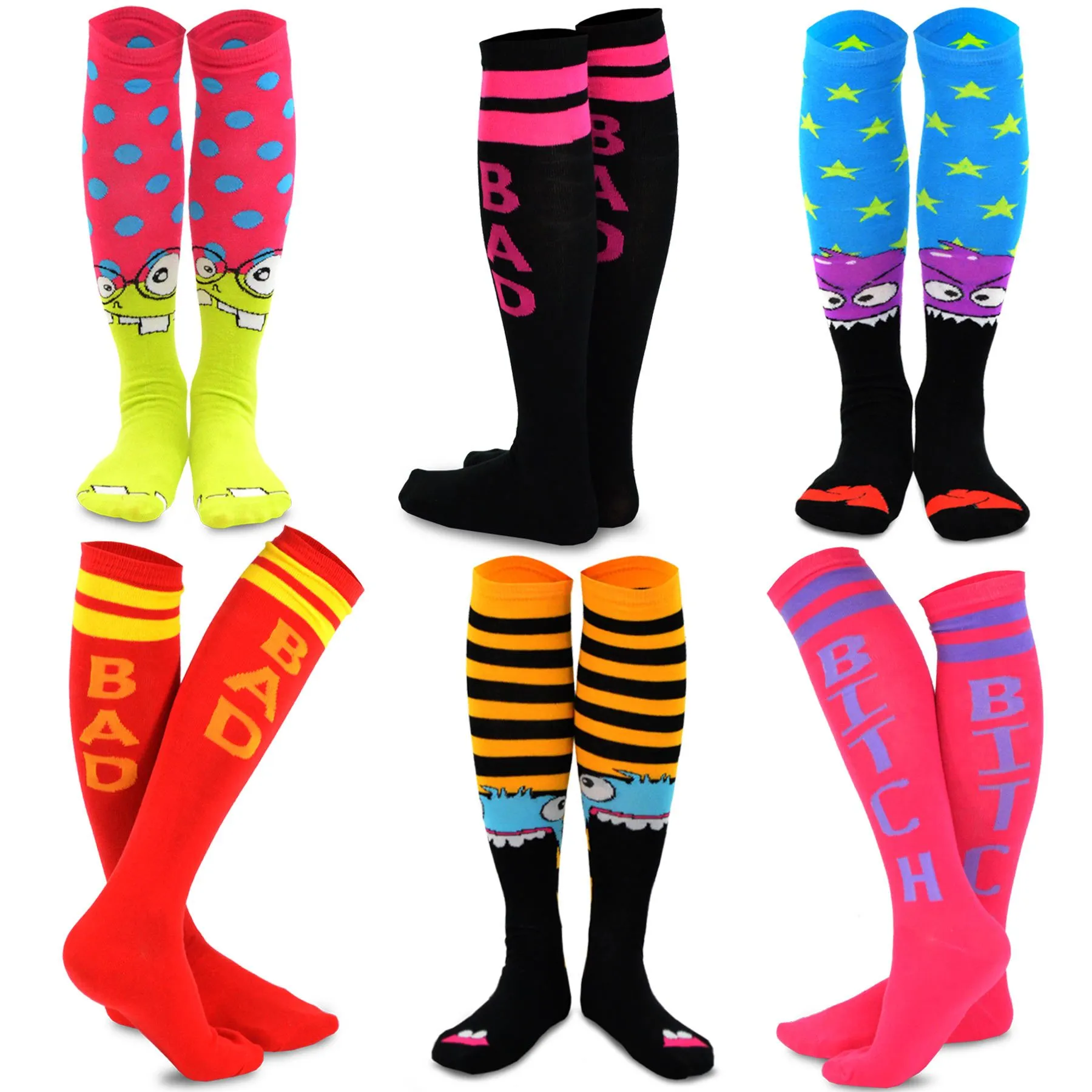 TeeHee Socks Women's Novelty Cotton Knee High Monster and Bad Attitude 6-Pack (10806)