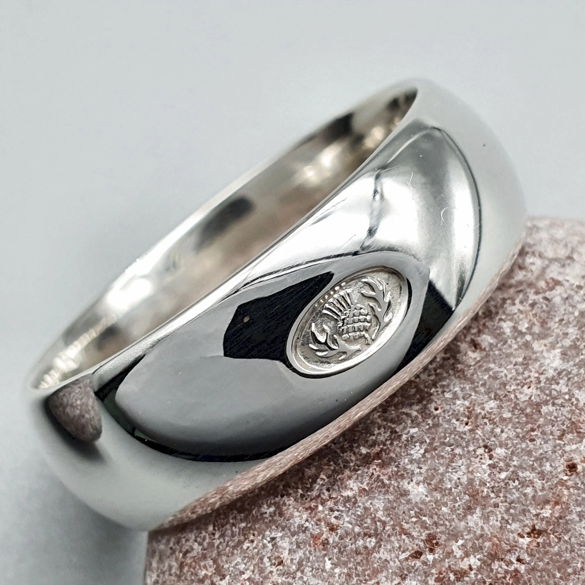 Wedding ring 8mm Scottish Thistle white gold wide band.