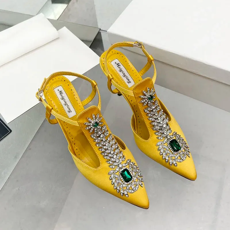 Wjczt Ladies Wedding Shoes Rhinestone Pointed Toe High Heels Satin Gemstone Stiletto Sandals 2022 New Baotou Fairy Pump Wedding Shoes