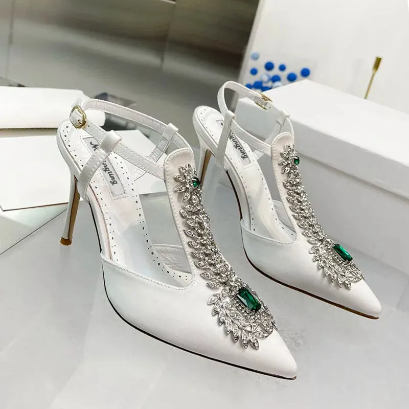 Wjczt Ladies Wedding Shoes Rhinestone Pointed Toe High Heels Satin Gemstone Stiletto Sandals 2022 New Baotou Fairy Pump Wedding Shoes