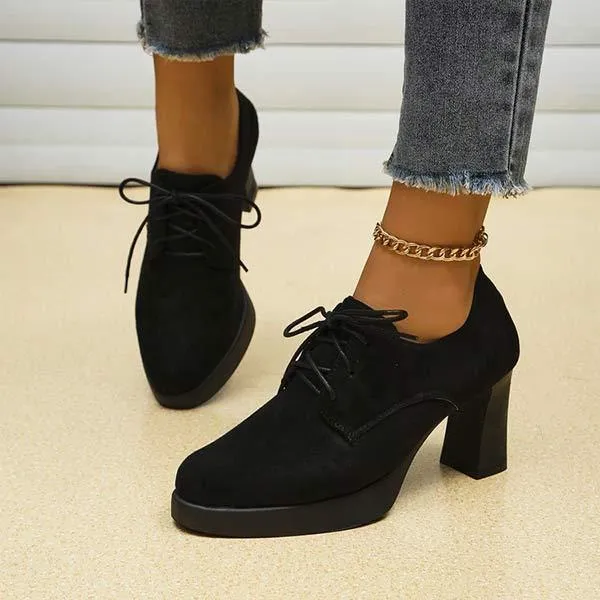 Women's Black Suede Chunky Heel High Heels with Front Tied 99310492C